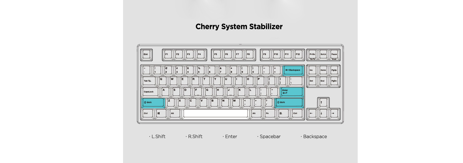 Bàn phím cơ Leopold FC750R PD Red switch (White Mint)  sử dụng hệ thống stab cherry cho các nút dài