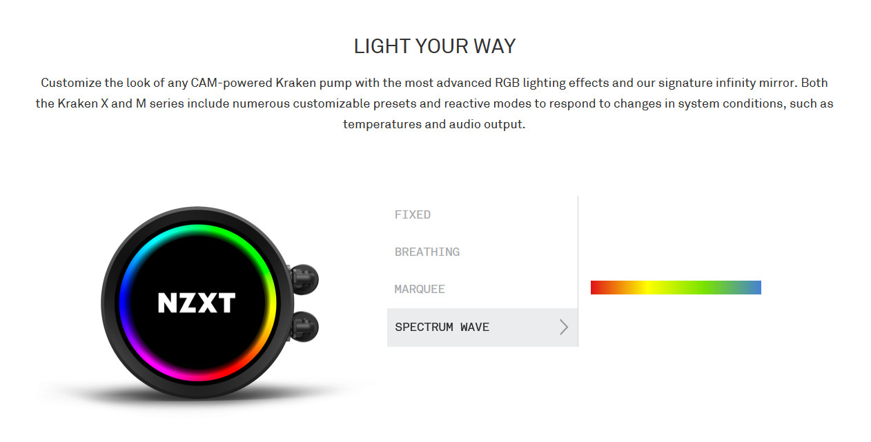 Tản nhiệt nước CPU NZXT Kraken X63 RGB có thể tuỳ chỉnh giao diện bên ngoài thông qua phần mềm CAM, các profile có thể tùy chọn tùy chỉnh ánh sáng tiện lợi
