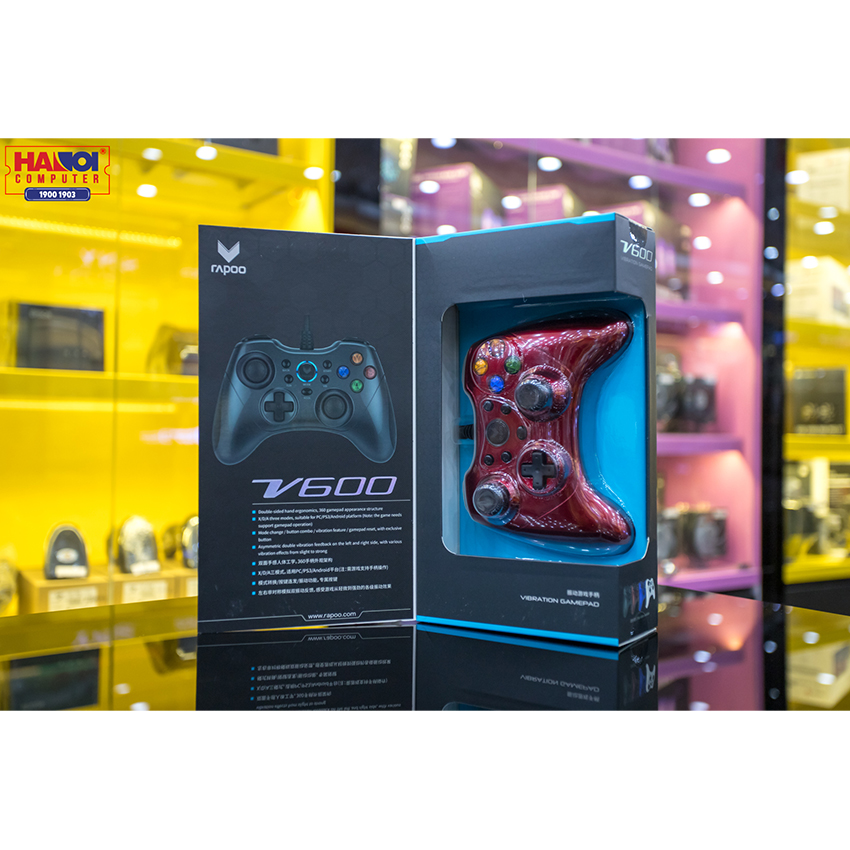 Tay cầm chơi game có dây Rapoo V600 màu đỏ