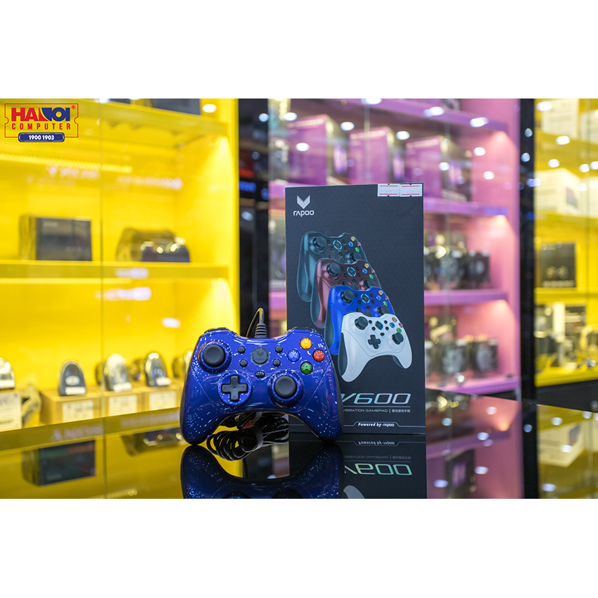 Tay cầm chơi game có dây Rapoo V600 màu xanh