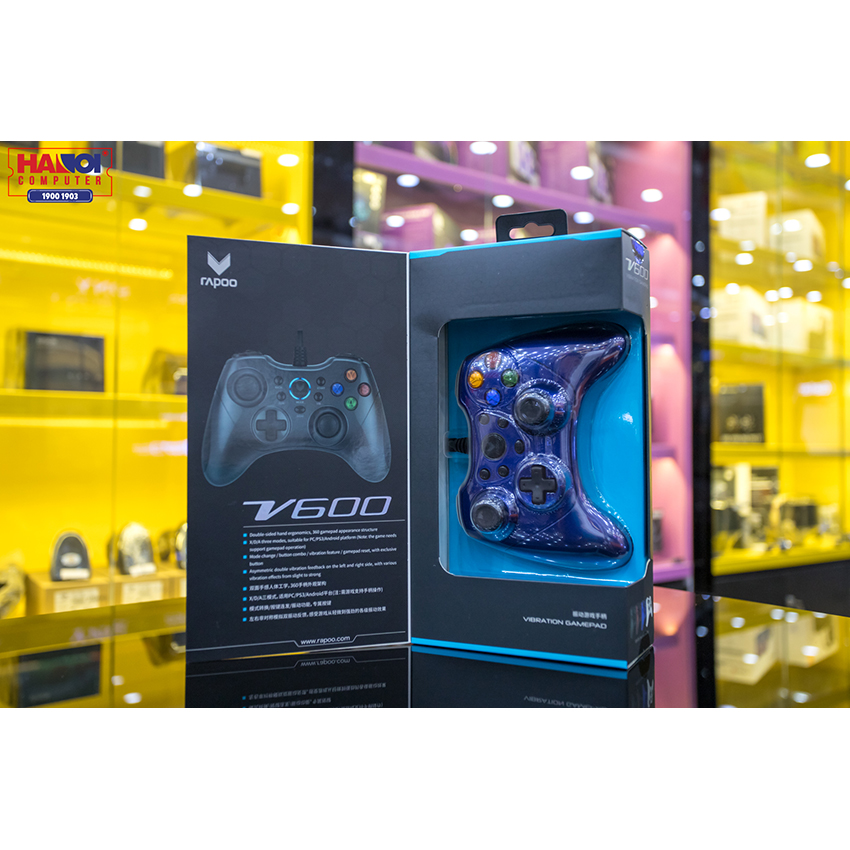 Tay cầm chơi game có dây Rapoo V600 màu xanh