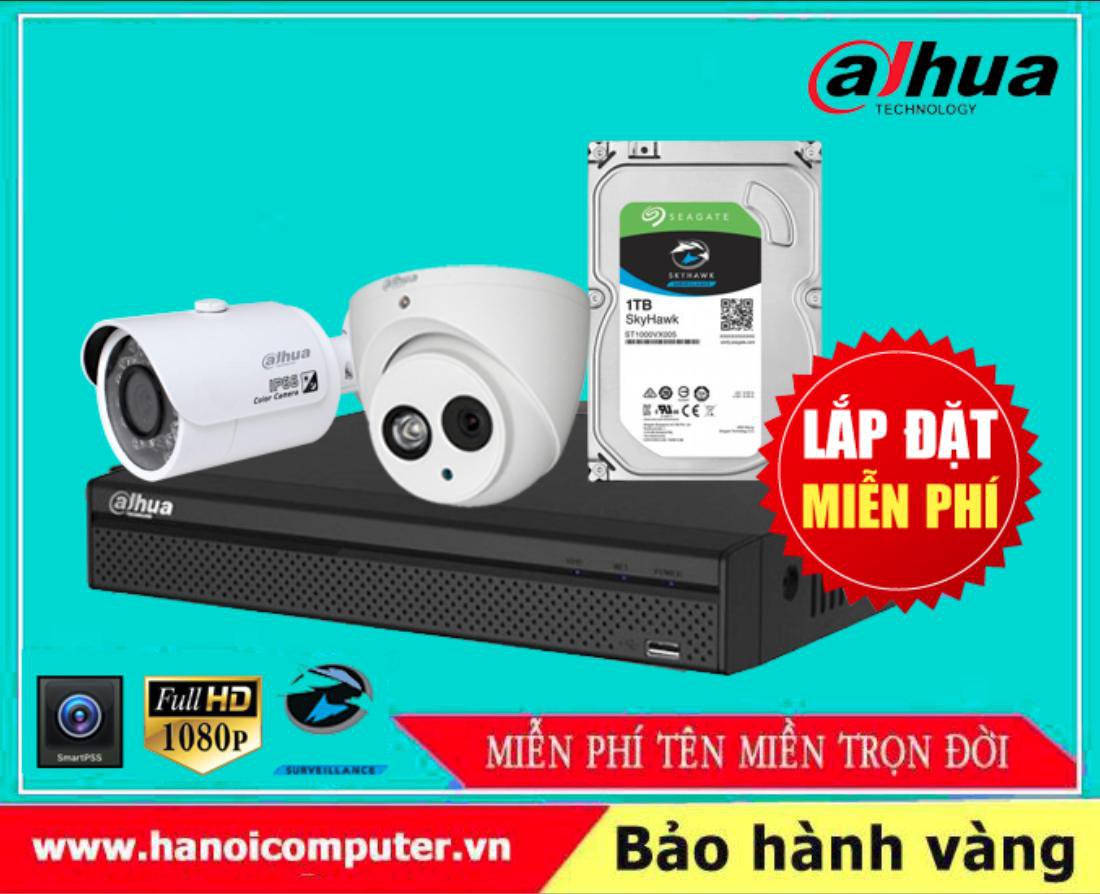 Bộ kit 02 Camera DAHUA FullHD Tích hợp Míc ghi âm (HDW1800EMP-A-S6/DH-HAC-HFW1200SP/XVR5104HS-X1/Seagate Skyhawk 1TB / DC / Dây)