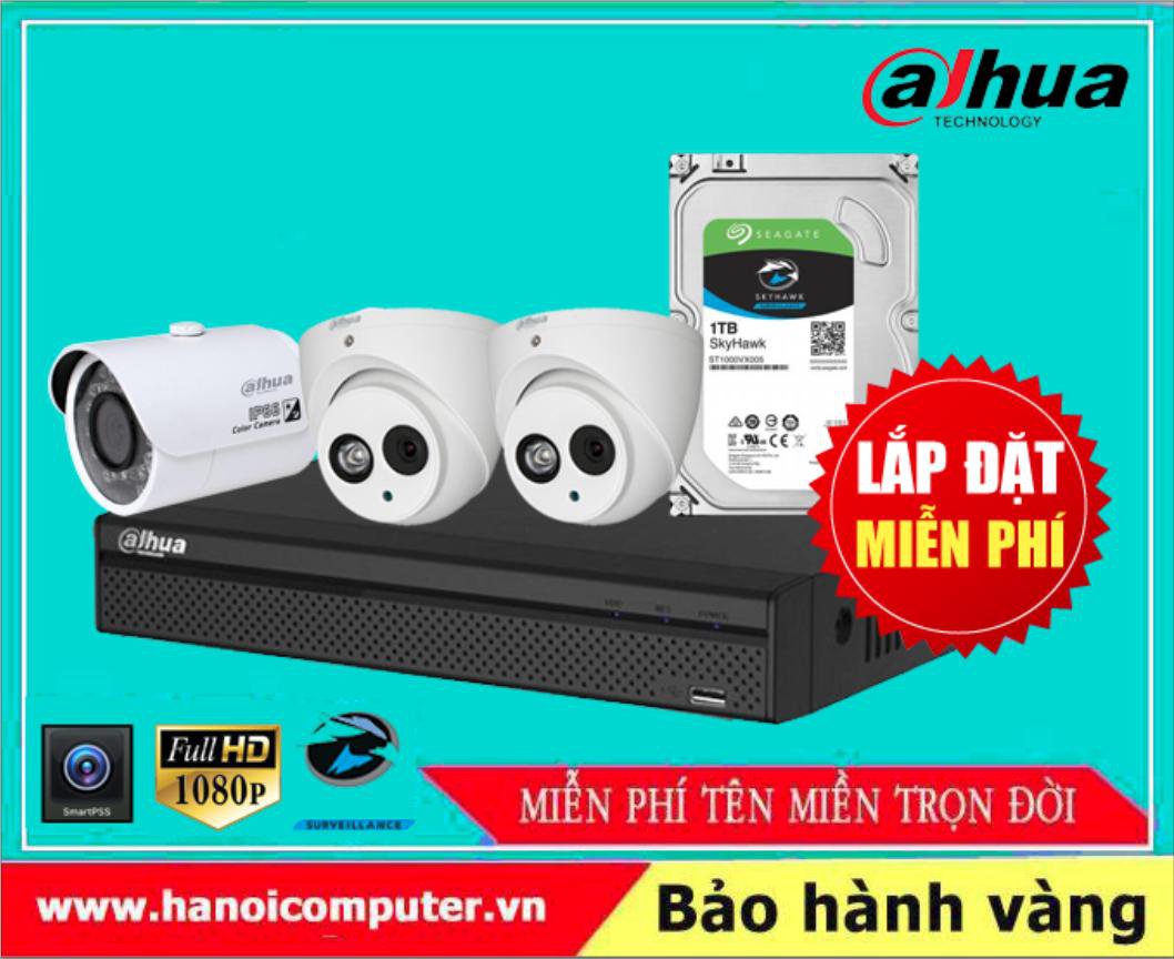 Bộ kit 03 Camera DAHUA FullHD Tích hợp Míc ghi âm (HDW1800EMP-A-S6/DH-HAC-HFW1200SP/XVR5104HS-X1/Seagate Skyhawk 1TB / DC / Dây)