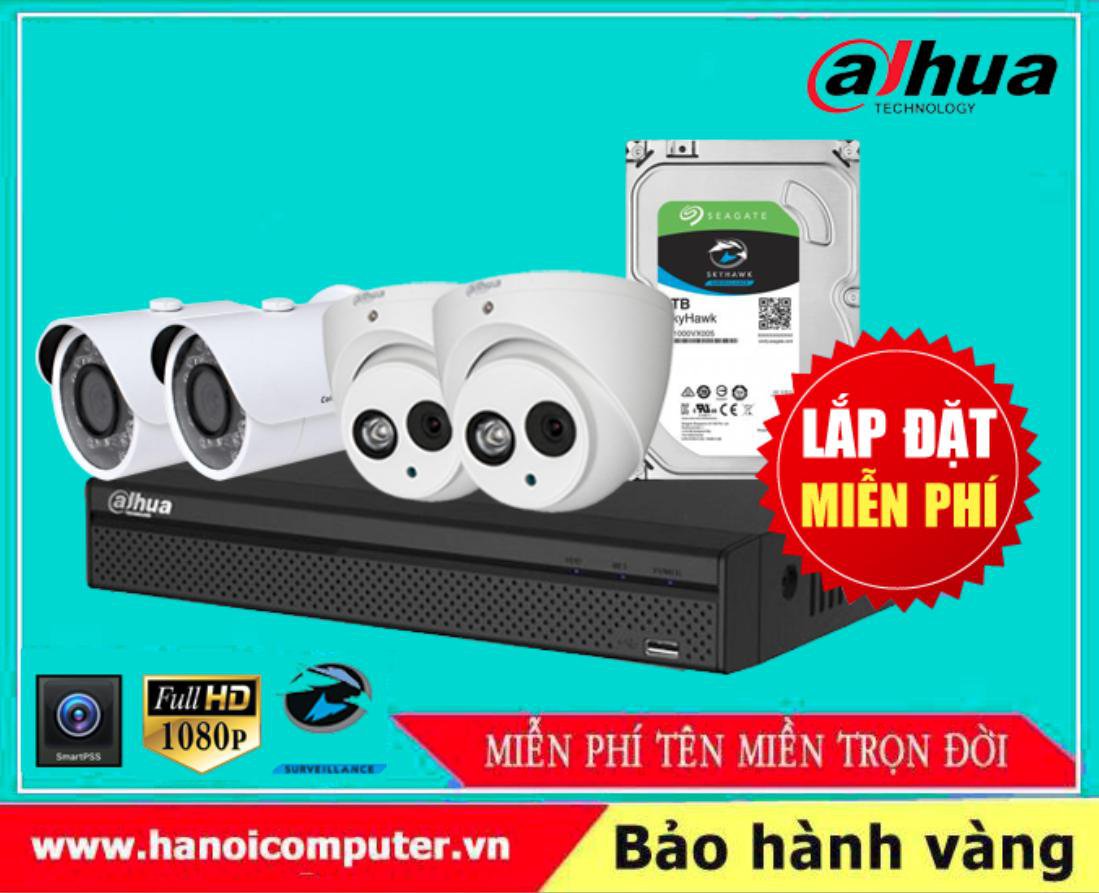 Bộ kit 04 Camera DAHUA FullHD Tích hợp Míc ghi âm (HDW1800EMP-A-S6/DH-HAC-HFW1200SP/XVR5104HS-X1/Seagate Skyhawk 1TB / DC / Dây)