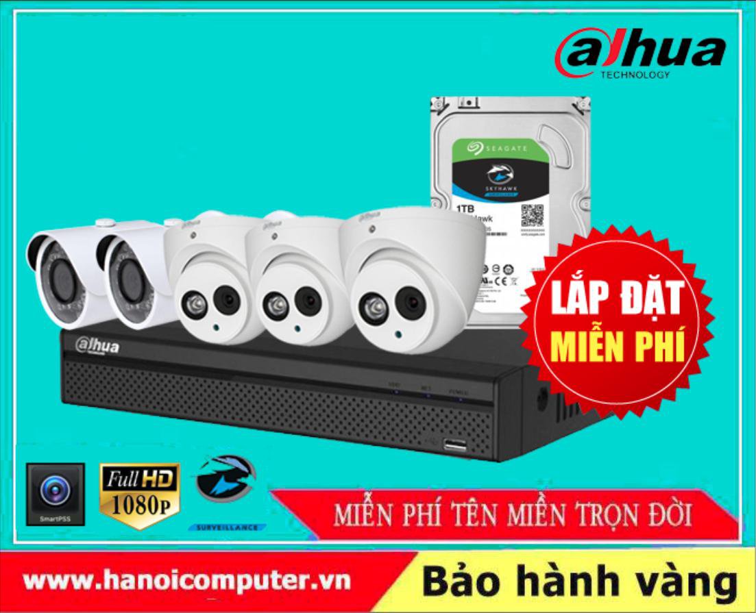 Bộ kit 05 Camera DAHUA FullHD Tích hợp Míc ghi âm (HDW1800EMP-A-S6/DH-HAC-HFW1200SP/XVR5108HS-X1/Seagate Skyhawk 1TB / DC / Dây)