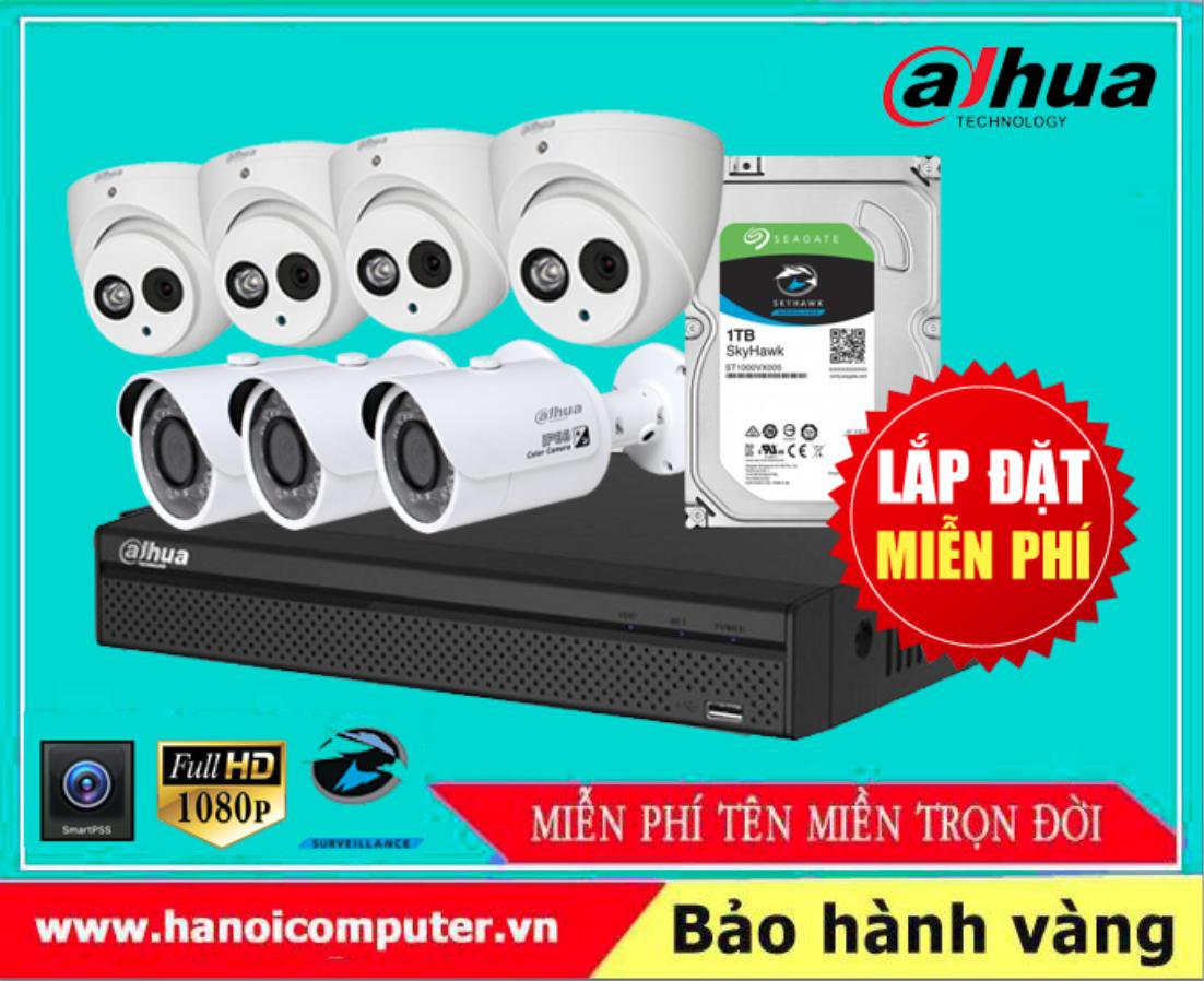 Bộ kit 07 Camera DAHUA FullHD Tích hợp Míc ghi âm (HDW1800EMP-A-S6/DH-HAC-HFW1200SP/XVR5108HS-X1/Seagate Skyhawk 1TB / DC / Dây)