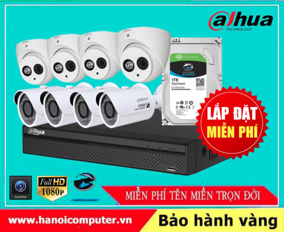 Bộ kit 08 Camera DAHUA FullHD Tích hợp Míc ghi âm (HDW1800EMP-A-S6/DH-HAC-HFW1200SP/XVR5108HS-X1/Seagate Skyhawk 1TB / DC / Dây)