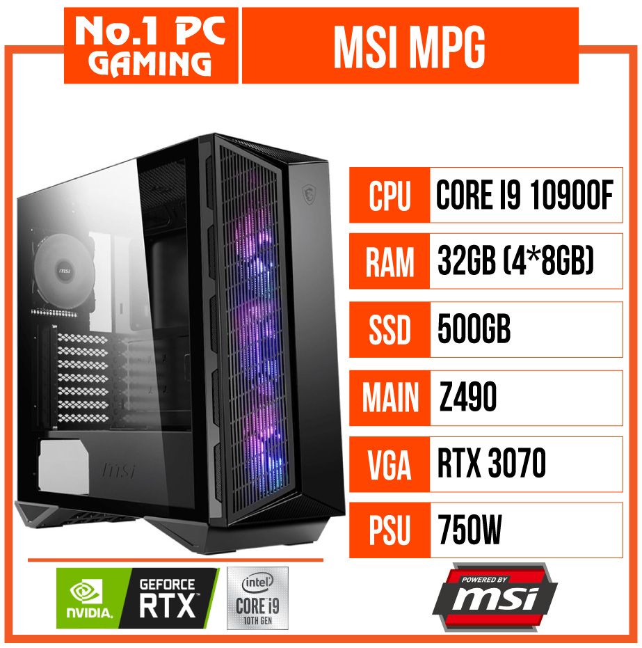 PC GAMING MSI MPG (i9 10900F/Z490/32GB RAM/500GB SSD/RTX 3070/750W/TẢN MSI CCORELIQUID)