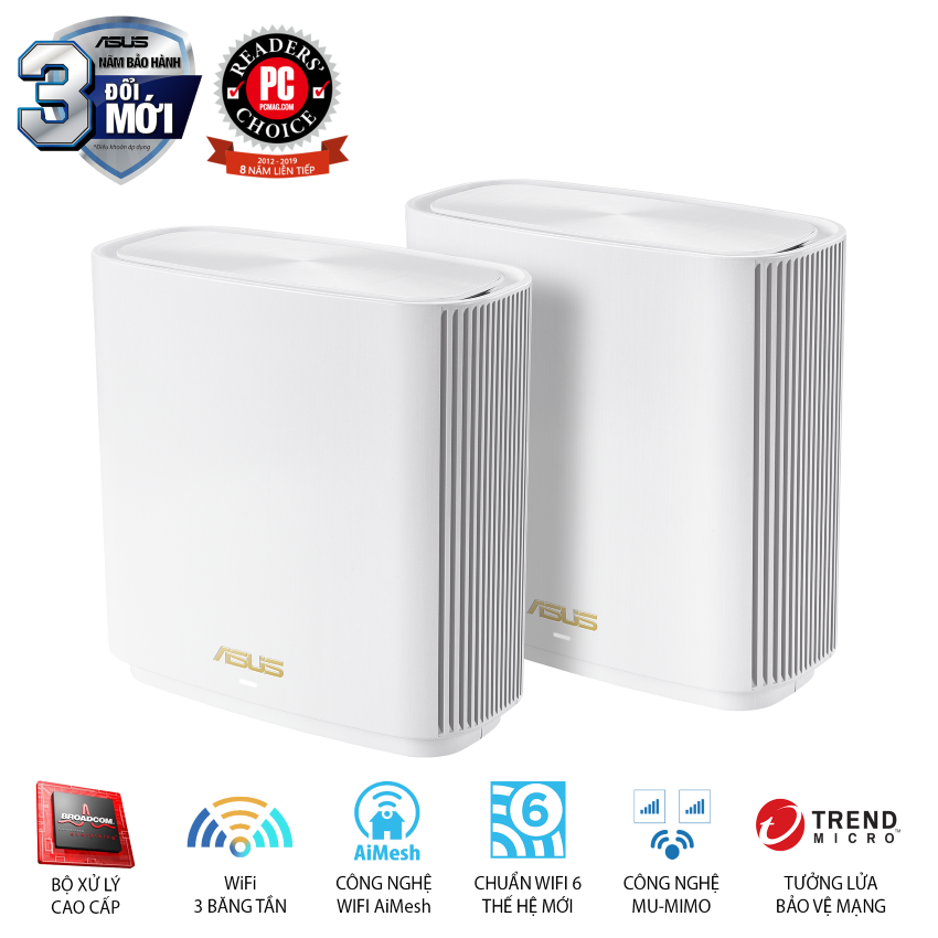 Bộ Mesh Wifi ASUS XT8 (W-2-PK) ZenWiFi 6 Chuẩn AX6600, 3 băng tần, AiProtection, Parental Control