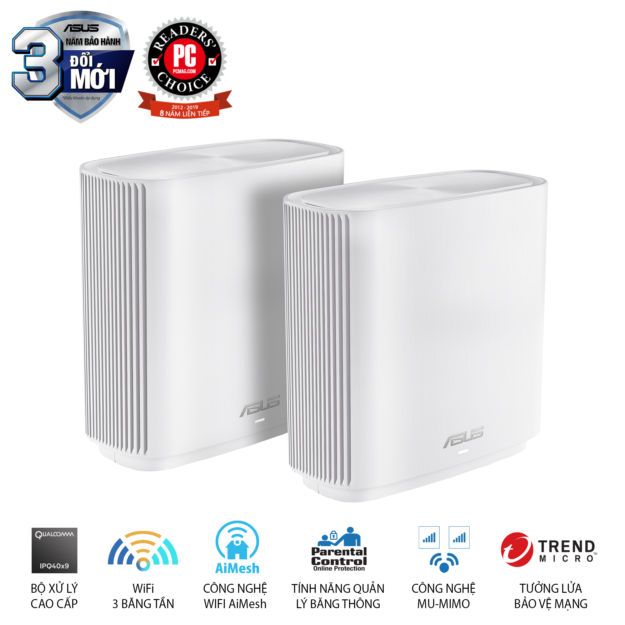 Bộ Mesh Wifi ASUS CT8 (B-2-PK) ZenWiFi Chuẩn AX6600, 3 băng tần, AiProtection, Parental Control.