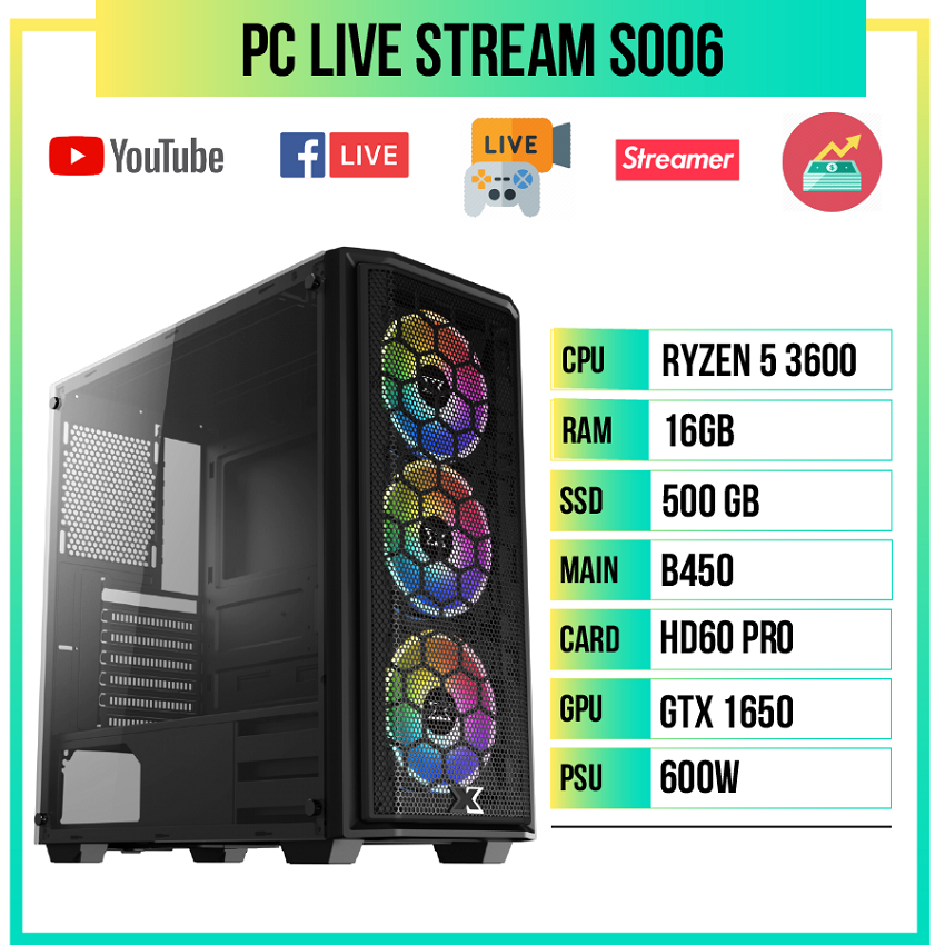 PC HACOM Live Stream S006 (Ryzen 5 3600/16GB RAM/GTX 1650/FHD Capture Card/500GB SSD/600w)