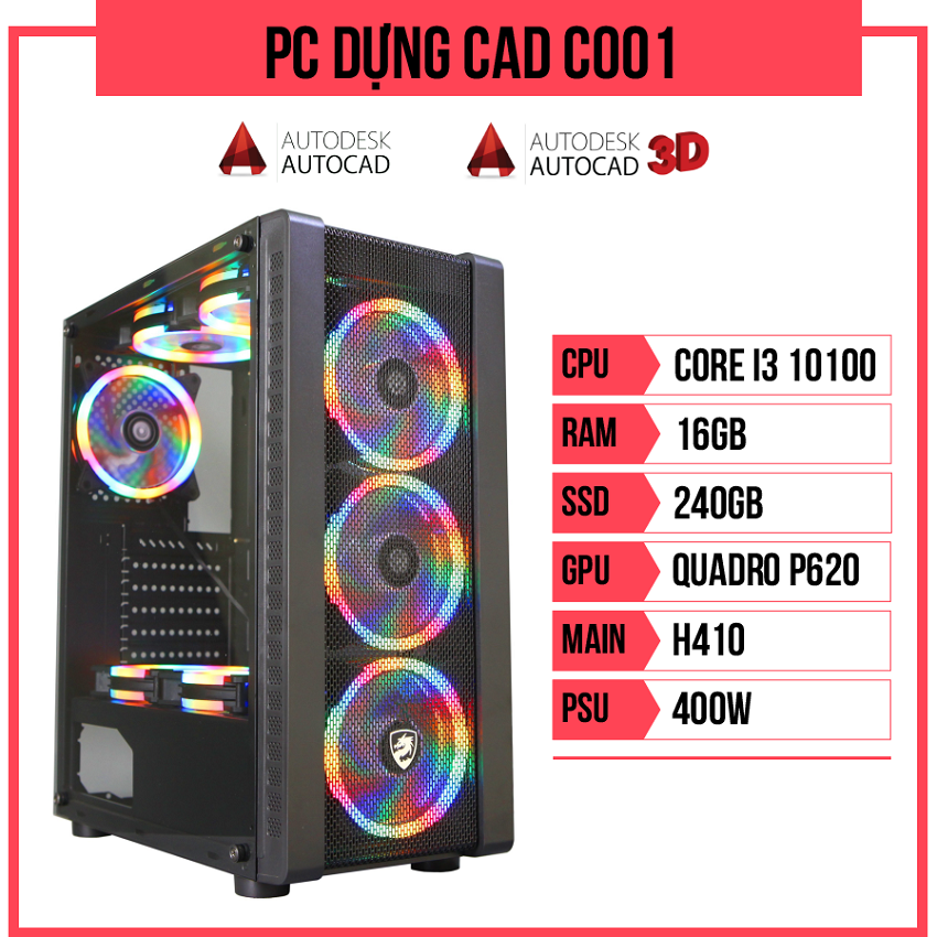 PC Dựng CAD C001 (i3-10100/H410/16GB RAM/Quadro P620/240GB SSD/400w)