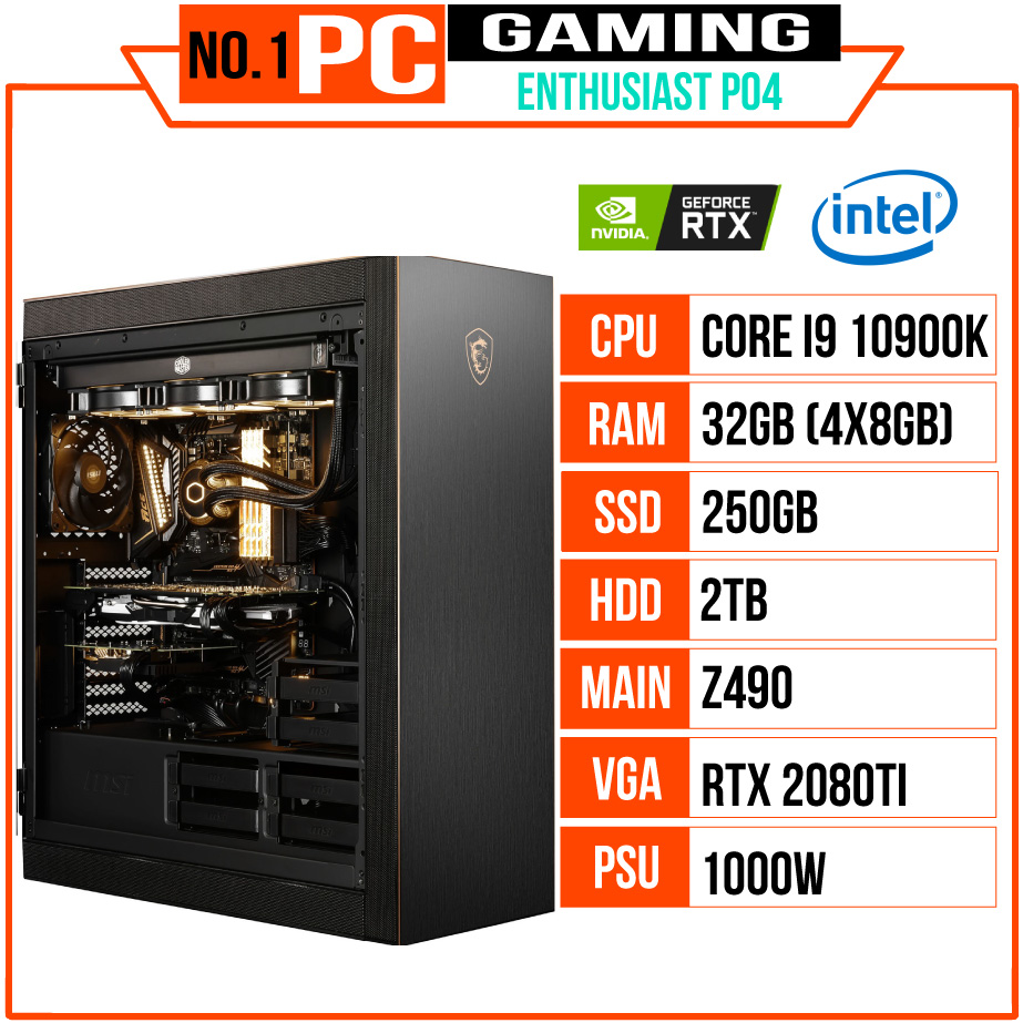 PC ENTHUSIAST GAMING PLATINUM 04 (i9 10900K/Z490/32GB RAM/250GB SSD/2TB HDD/RTX 2080TI/1000W/Tản AIO EK/RGB)