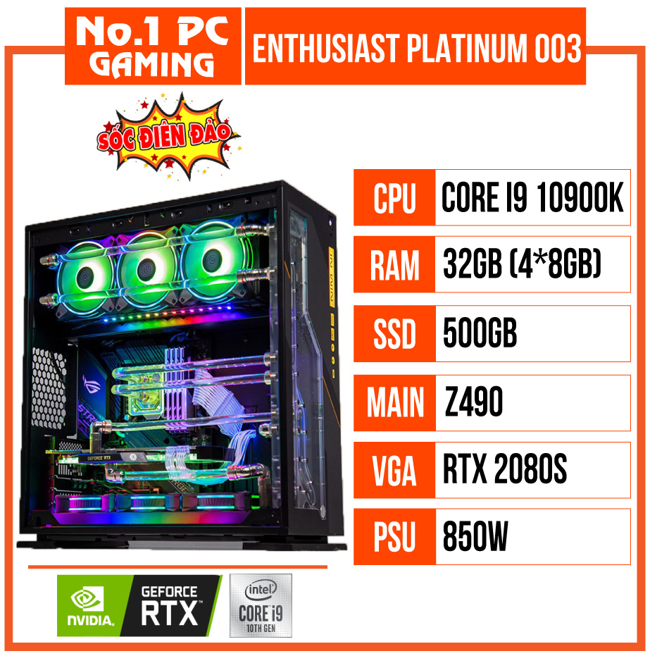 PC ENTHUSIAST GAMING PLATINUM 003 (i9 10900K/Z490/32GB RAM/500GB SSD/RTX 2080 SUPER/850W/WATERCOOLING EK/RGB)
