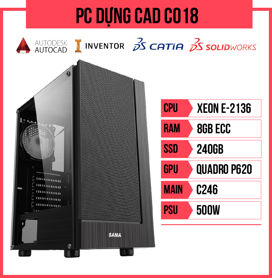 PC HACOM Dựng CAD C018 (E-2136/8GB RAM/240GB SSD/Quadro P620/500w)