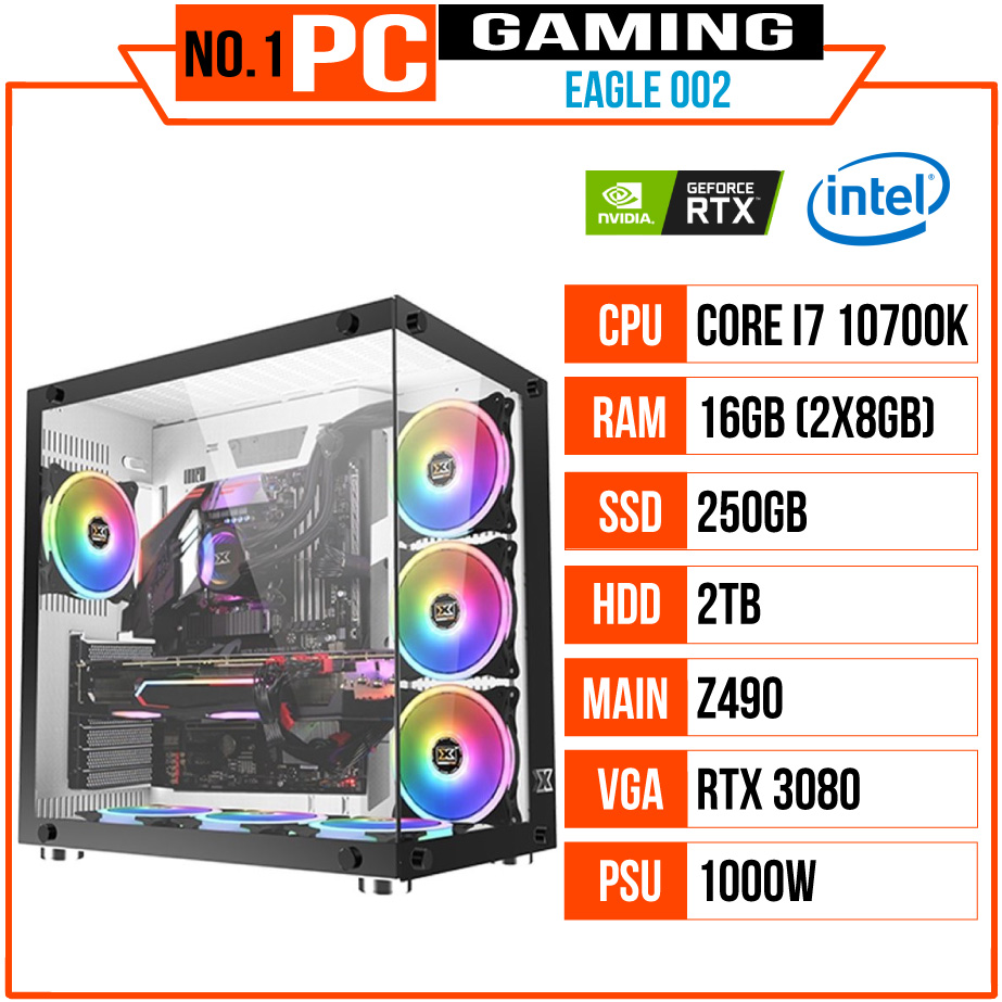 PC GAMING EAGLE 002 (I7 10700K/Z490/16GB RAM/250GB SSD/2TB HDD/RTX 3080/1000W/AIO 360X/RGB)