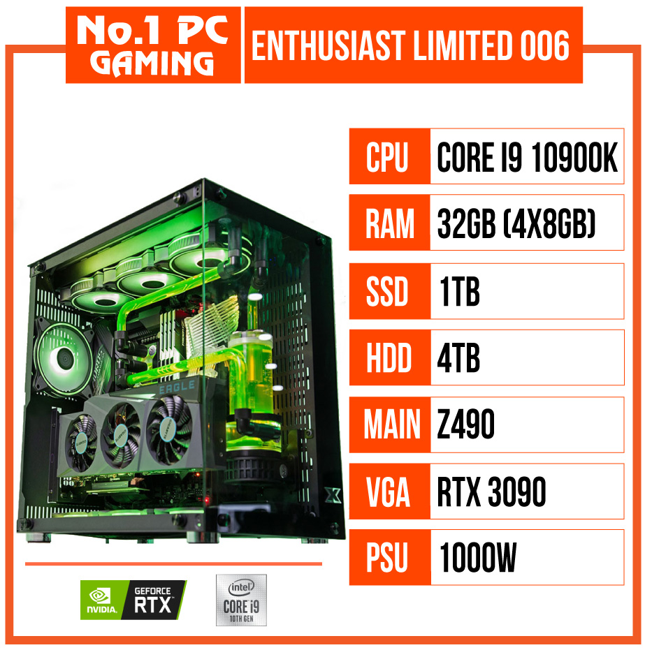 PC ENTHUSIAST GAMING LIMITED 006 (I9 10900K/Z490/32GB RAM/1TB SSD/4TB HDD/RTX 3090/1000W/WATERCOOLING EK/RGB)