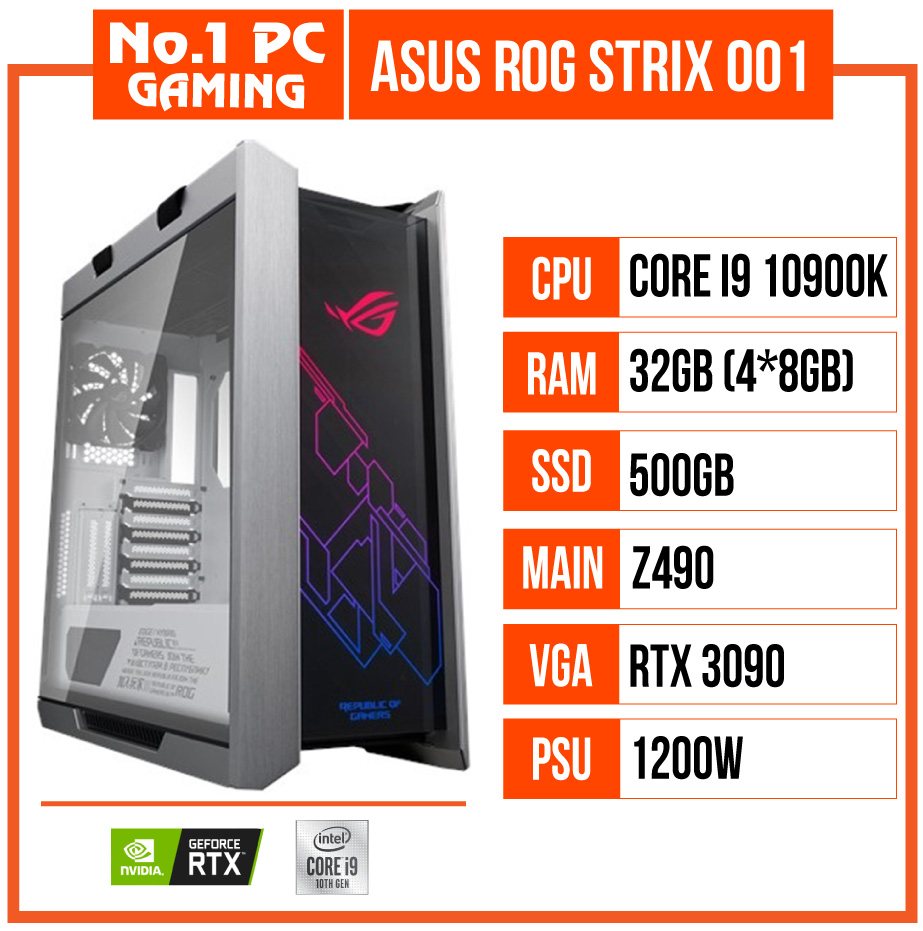 PC GAMING ASUS ROG STRIX 001 (I9 10900K/Z490/32GB RAM/500GB SSD/RTX 3090/1200W/AIO ASUS RYUJIN)