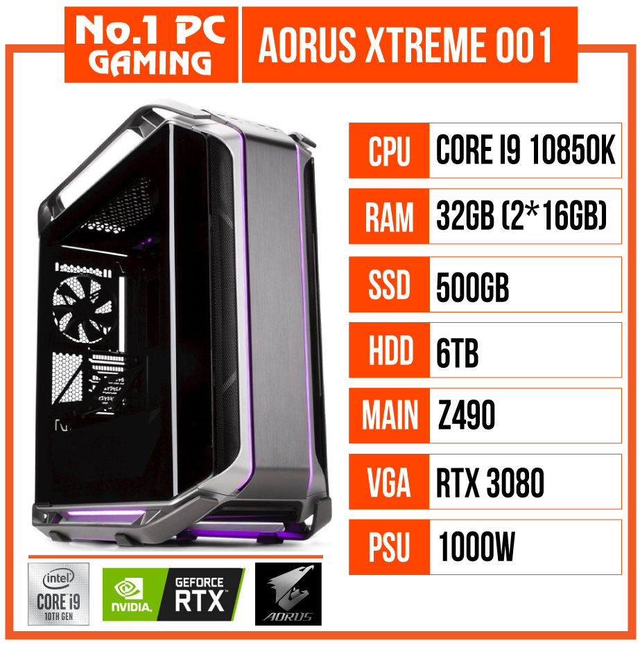 PC GAMING AORUS XTREME 001 (i9 10850K/Z490/32GB RAM/512GB SSD/6TB HDD/RTX 3080/1000W/WATERCOOLING EK/RGB)