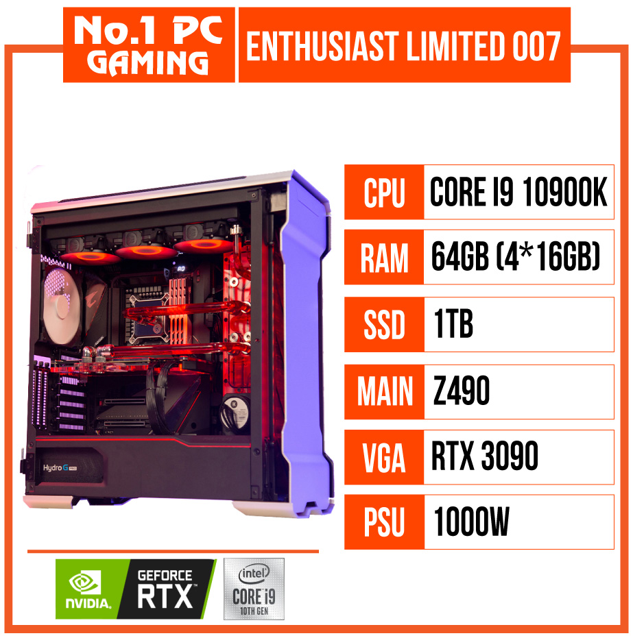 PC ENTHUSIAST GAMING LIMITED 007 (i9 10900K/Z490/64GB RAM/1TB SSD/RTX 3090/1000W/WATERCOOLING EK/WIN 10/RGB)