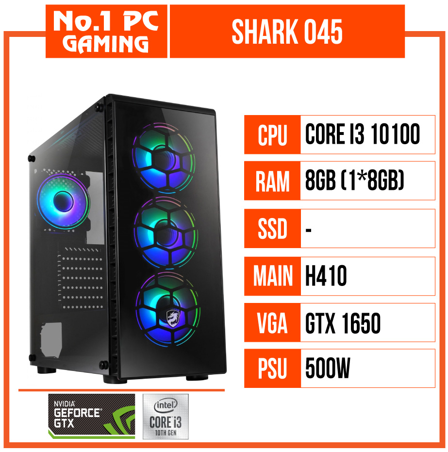 PC GAMING SHARK 045 (i3 10100/H410/8GB RAM/GTX 1650/500W/TẢN CR1200)