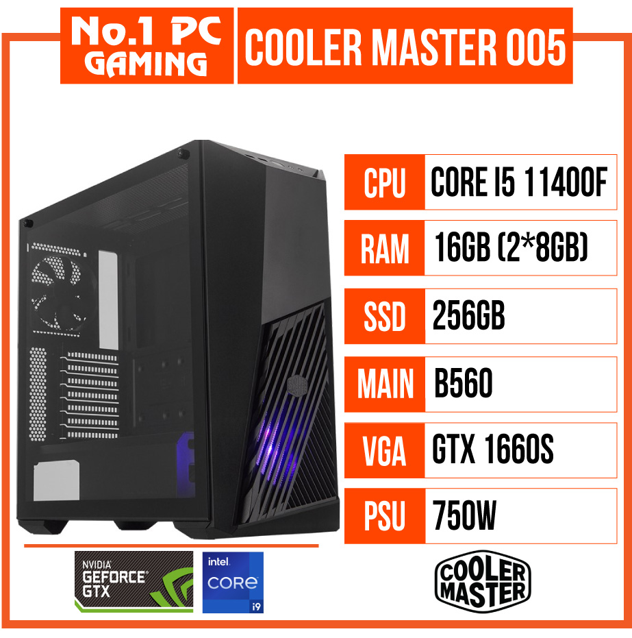 PC GAMING COOLER MASTER 005 (i5 11400F/B560/16GB RAM/256GB SSD/GTX 1660 SUPER/750W)